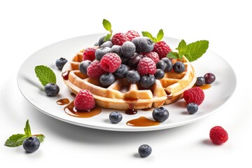 Wall Mural - Belgian waffles with raspberries and blueberries, mint and syrup. Generative AI