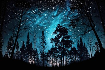 Sticker - serene night sky with twinkling stars and tall trees. Generative AI