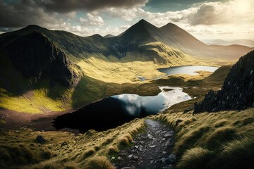 Sticker - serene mountain landscape with a crystal-clear lake reflecting the surrounding scenery. Generative AI