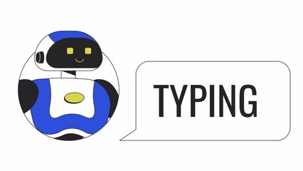 Poster - AI chatbot typing animation. Animated virtual assistant answering question 2D cartoon flat colour line character. Chat 4K video concept footage on white with alpha channel transparency for web design