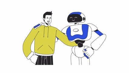Poster - Human embracing robot animation. Animated android with guy 2D cartoon flat colour line characters. AI in daily life 4K video concept footage on white with alpha channel transparency for web design