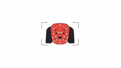 Fototapete - AI analyzing dog face animation. Animated canine animal 2D cartoon flat colour line character. Computer vision 4K video concept footage on white with alpha channel transparency for web design