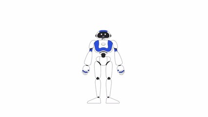 Poster - Smiling robot moving hands animation. Robotics. Full body android isolated 2D cartoon flat colour line character 4K video footage on white background with alpha channel transparency for web design