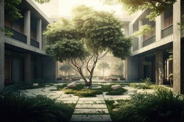 Poster - serene courtyard with a tree as the centerpiece. generative ai