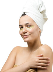 Wall Mural - Young beautiful girl in a white towel on his head wears collagen gel patches under her eyes. Mask under eyes treatment face.