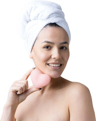 Wall Mural - Beauty portrait of woman in white towel on head with a sponge for a body in view of a pink heart. Skincare cleansing eco organic cosmetic spa relax concept.