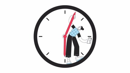 Fototapete - Wasting time on internet animation. Animated girl with phone stuck in clock 2D cartoon flat colour line character. 4K video concept footage on white with alpha channel transparency for web design