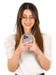 Using mobile phone, portrait of young happy businesswoman using mobile phone. Isolated white background, copy space. Browsing internet, social media, testing new application, mobile communication.
