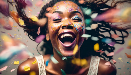 portrait of african american dark-skinned girl is laughing and having fun, cofetti flying, party, ai