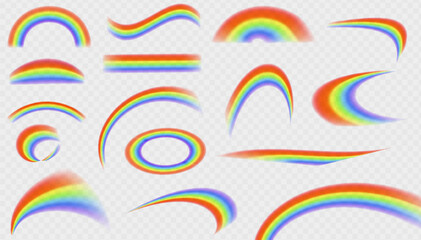 different rainbow light shapes isolated. refractions set, leak flare overlay, rainbow sunlight effec