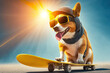 Hund mit Sonnenbrille und Hut auf einem Skateboard (Generative Ai)