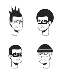 Sticker - Men expressing disgust, anger monochromatic flat vector character faces pack. Black and white avatar icons. Editable cartoon user portraits. Hand drawn spot illustrations for web graphic design