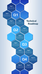 Wall Mural - Vertical roadmap with honeycombs on light background. Timeline infographic template for business presentation. Vector.