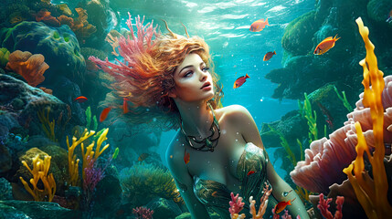 Wall Mural - Mermaid Underwater.
