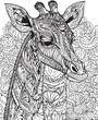 Hand drawn vector coloring page of Giraffe in jungle. Coloring page for kids and adults. Print design, t-shirt design, tattoo design, mandala art. 