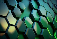 Hexagonal, Futuristic Wall Background With Tiles. 3D, Tile Wallpaper With Polished, Green Blocks. 3D Render. Generative AI