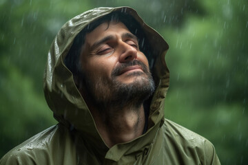 Portrait of a man enjoying summer rain in a forest. AI