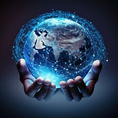 Poster - Global communication network concept, hands holding blue earth and global networking link and data exchanges. generative ai