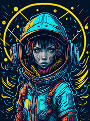 T-shirt design with woman astronaut in an astronaut costume. Colorful print design of female cosmonaut portrait in cartoon style on dark background. AI generated illustration