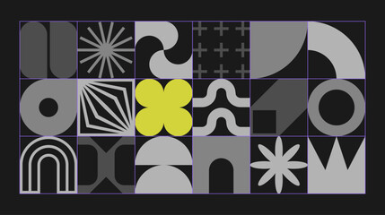 Brutalist design. Monochrome, geometric and modern pattern. Neo geo art. Flat vector illustration. Horizontal format for web. Geometric shapes. Abstract background. Swiss aesthetic design. Modernism.