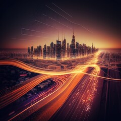 Poster - Traffic in the city, Smart city with speed line glowing light trail surround the city. big data connection technology concept. generative ai