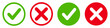 Set green approval check mark and red cross icons in circle and square, checklist signs, flat checkmark approval badge, isolated tick symbols
