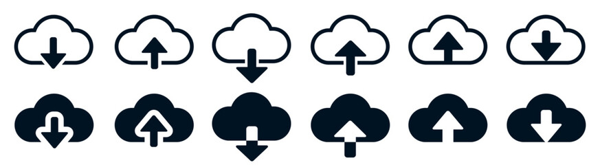 Poster - Set cloud download and upload icons. Flat sign for mobile and web design. Cloud with arrow up and down simple outline and filled sign - vector