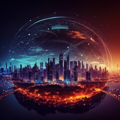 Poster - city skyline, Telecommunication and communication network concept. Big data connection technology. Smart city and digital transformation. generative ai