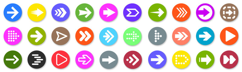 Poster - Set colored arrow button icons. Collection different arrows sign. Set different cursor arrow direction symbols in circle flat style with shadows – vector