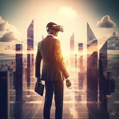 Poster - Person walking in the city, Businessman walking on virtual reality platform to futuristic smart city of opportunity with internet cyber network connection on high building. generative ai