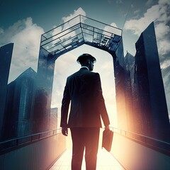 Poster - person walking on the street, Businessman walking on virtual reality platform to futuristic smart city of opportunity with internet cyber network connection on high building. generative ai