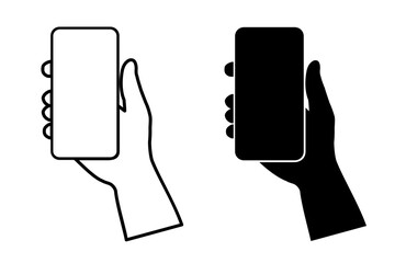 Poster - Human hand holding smartphone set icon. Phone holding flat icon sign. Human hands hold vertically mobile phone. Phone in hand sign - stock vector