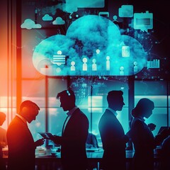 Poster - social network concept, networking in the evening office with digital marketing software, data analysis code, or teamwork. Technology, digital transformation. generative ai
