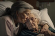 hugging a elderly woman sitting in a bed. Generative AI