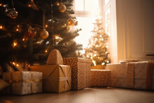 Christmas Presents Golden Red Under Christmas Tree Indoor At Christmas Day In A Living Room, Festive Christmas. Generative AI