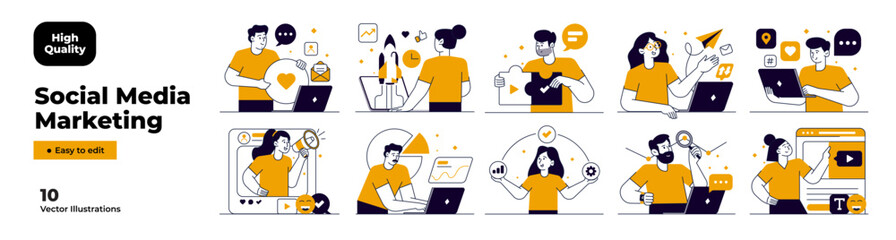 Poster - social media marketing illustrations. mega set. collection of scenes with men and women taking part 