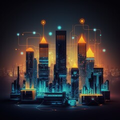 Poster - cityscape, Internet of Things (IoT) with luminous icons, and business technology. generative ai