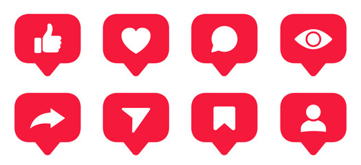 Poster - Set social media notification functional icons like, user, friend, heart, thumb up, repost, views, comment, share, save, send message, stories user button sign in speech bubble – stock vector