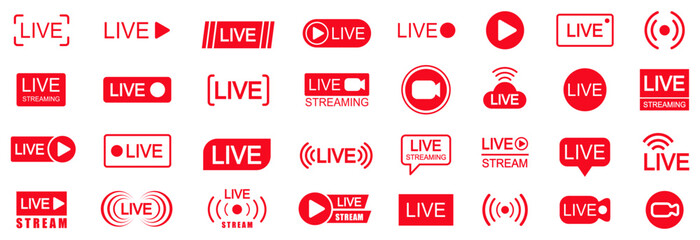 Poster - Set of live streaming icons. Set of video broadcasting and live streaming icon. Button, red symbols for TV, news, movies, shows - vector for stock