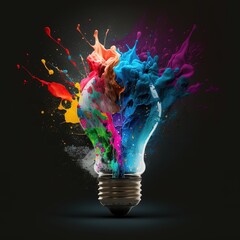 Sticker - light bulb explodes with colorful paint splashes and shards of glass on a black background. Think and brainstorm. generative ai