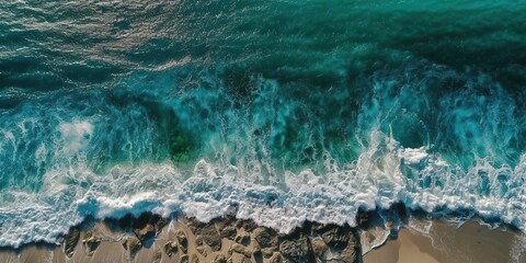 Poster - Top view of a beautiful tropical beach with sea waves.Aerial view. Panoramic shot. Generative AI