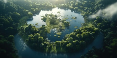 Poster - View of the island in the middle of the sea with clear blue water and green palm trees.Aerial view. Panoramic shot. Generative AI