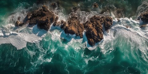 Sticker - A beautiful picture of a rocky beach with a cliff from above.Aerial view. Panoramic shot. Generative AI