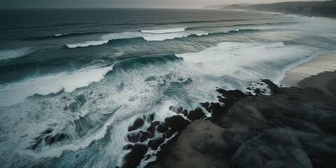 Poster - Top view of a beautiful tropical beach with sea waves.Aerial view. Panoramic shot. Generative AI