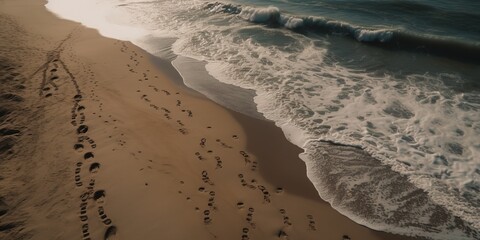 Sticker - Top view of a beautiful tropical beach with sea waves.Aerial view. Panoramic shot. Generative AI