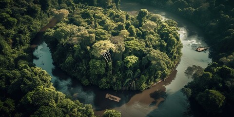 Poster - View of the island in the middle of the sea with clear blue water and green palm trees.Aerial view. Panoramic shot. Generative AI