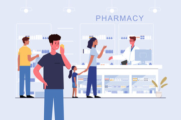 Wall Mural - pharmacy with pharmacist and client in counter. drugstore cartoon character design vector illustration