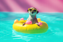 Cute Meerkat Chilling On An Inflatable Pool Float In A Swimming Pool. Summer Holidays Concept. Generative AI