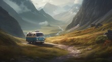 Camper Van On The Mountain Roads, Camping