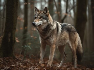  A lone wolf standing strong and fearless in a forest clearing